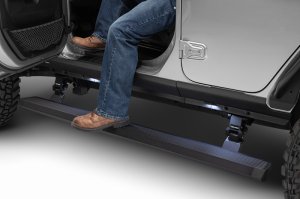 Jeep Wrangler Electric Running Boards - Go Rhino - VoltStep E1 Retractable, Dual-Motor, 6-inch, LED Lighting - Textured Black - `18-`24
